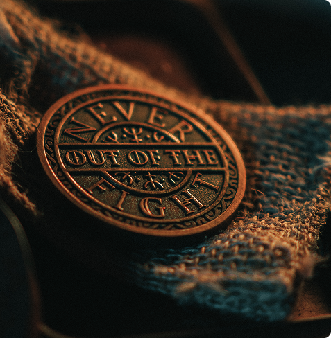 A close-up of a round metal coin resting on burlap fabric. The coin is engraved with the words NEVER OUT OF THE FIGHT in bold, decorative letters. The lighting is warm and moody.