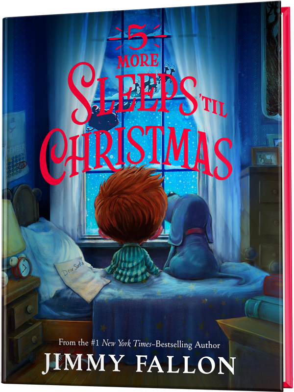 Illustrated book cover shows a child and a dog sitting on a bed, looking out a window at a snowy night. The title reads 5 More Sleeps Til Christmas by Jimmy Fallon in large red and blue letters.