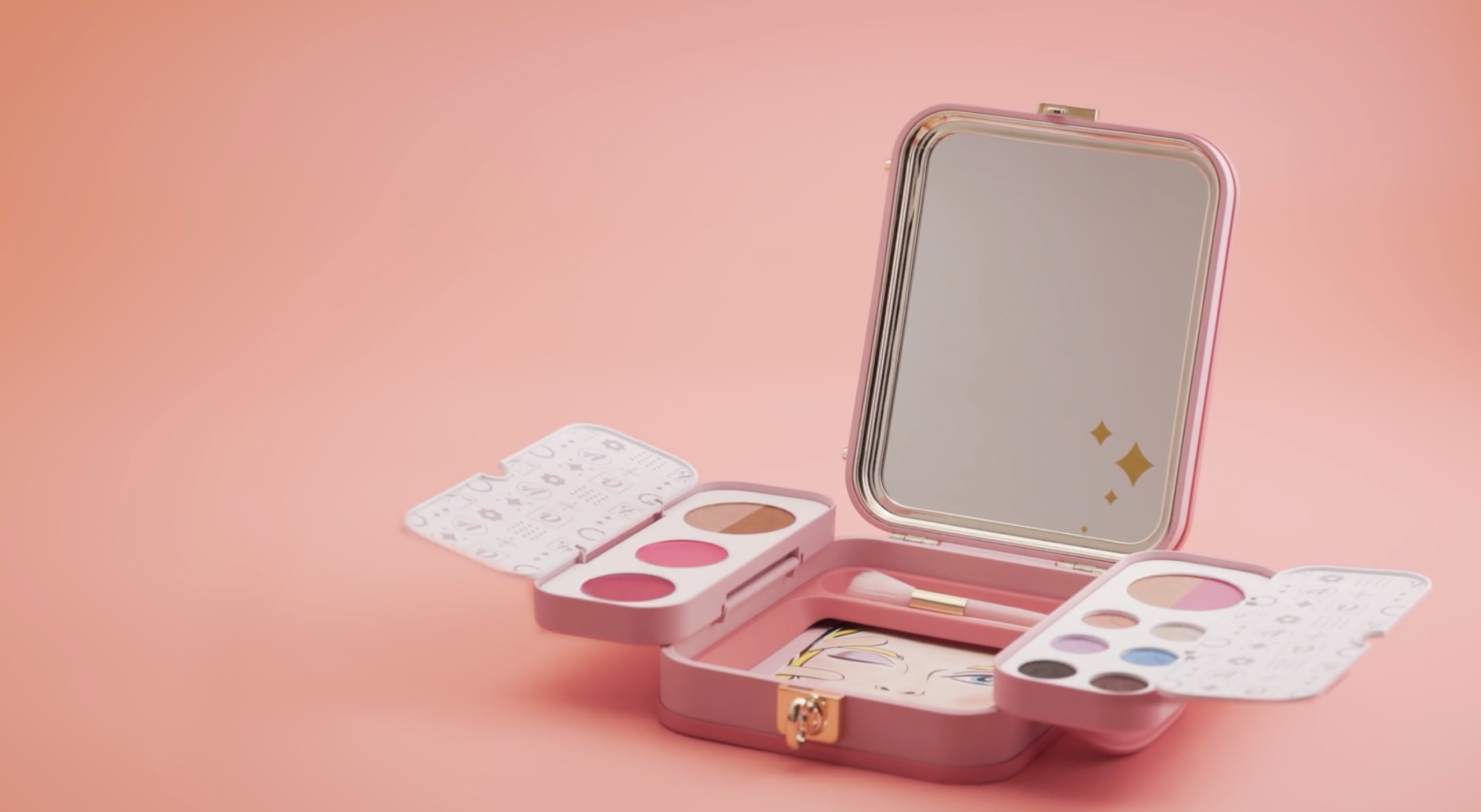 An open pink makeup kit with a mirror, two fold-out trays containing various eyeshadow and blush colors, a makeup brush, and a small illustration, all set against a soft pink background.