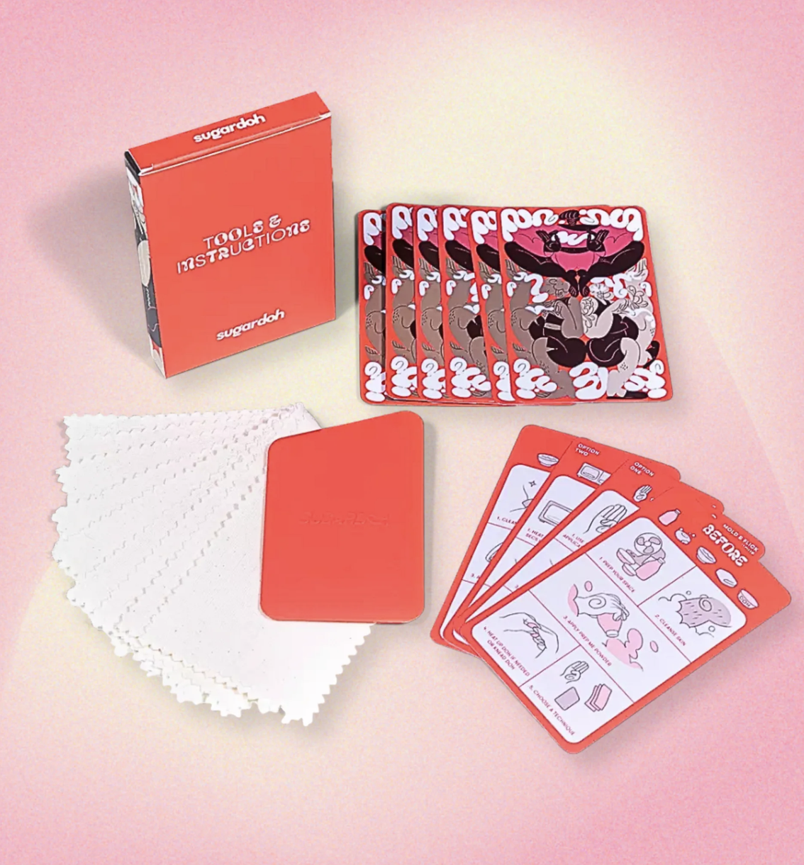 A card game set with a red box labeled “Tools & Instructions,” several illustrated cards with cartoon drawings, blank textured cards, and red rectangular pieces, all on a pink gradient background.