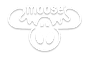 Stylized white outline of a moose head with large antlers and the word moose in lowercase letters above it, all on a black background.