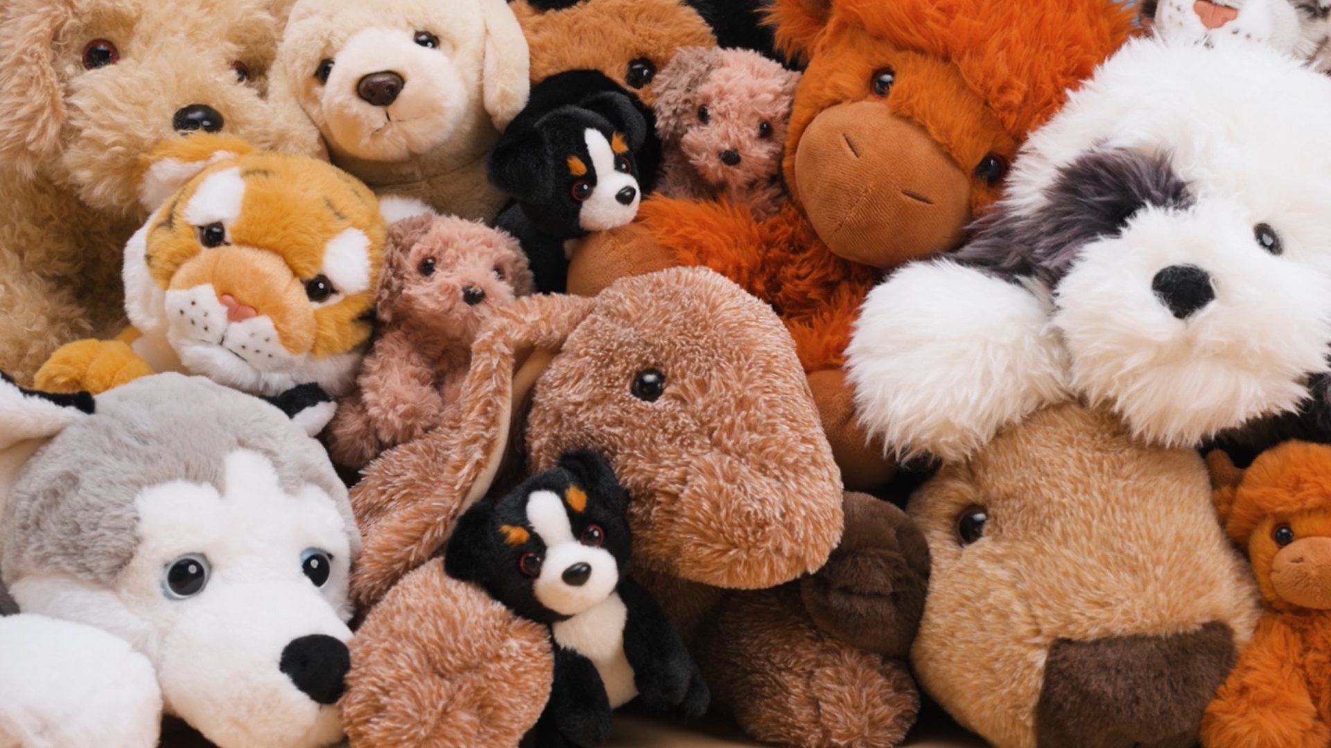 A colorful, crowded pile of various stuffed animals, including dogs, a tiger, a dinosaur, a sheep, and a bear, all with soft, plush textures and friendly faces.