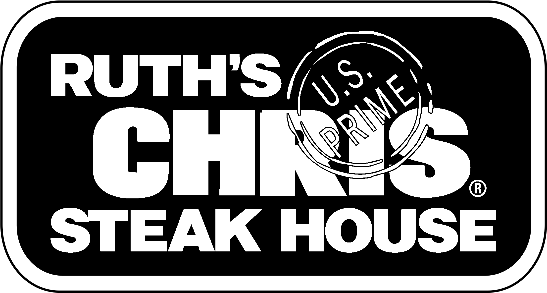Logo for Ruths Chris Steak House. The text is in bold white letters on a black background, with a circular U.S. PRIME stamp overlapping the word CHRIS.