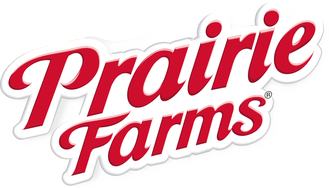 The Prairie Farms logo features the brand name written in bold, red, italicized letters with a white outline on a transparent background.